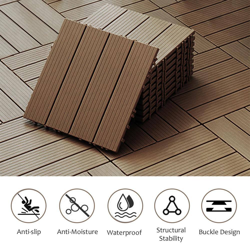 GOGEXX 12 in. W x 12 in. L Outdoor Stripe Plastic Composite Flooring Deck Tiles (35 Per Box), Brown