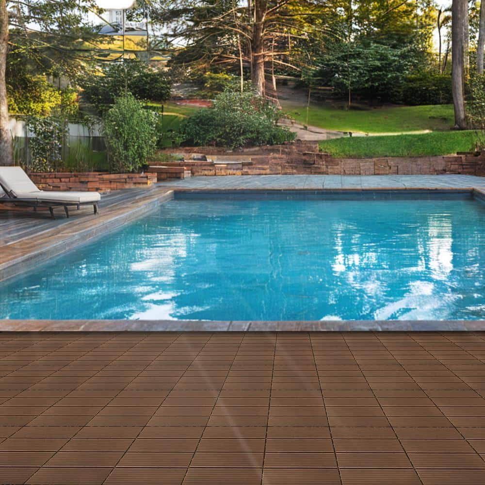 GOGEXX 12 in. W x 12 in. L Outdoor Stripe Plastic Composite Flooring Deck Tiles (35 Per Box), Brown