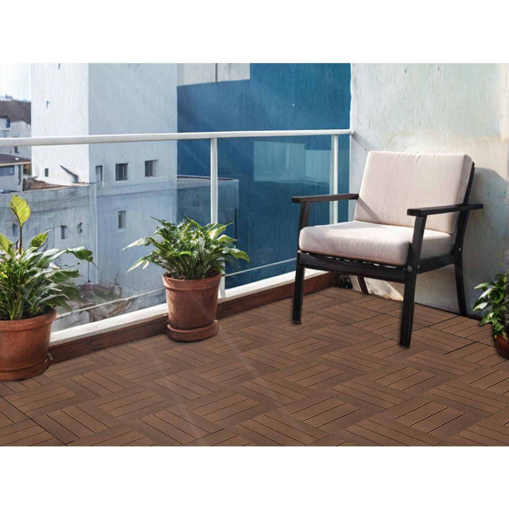 GOGEXX 12 in. W x 12 in. L Outdoor Stripe Plastic Composite Flooring Deck Tiles (35 Per Box), Brown