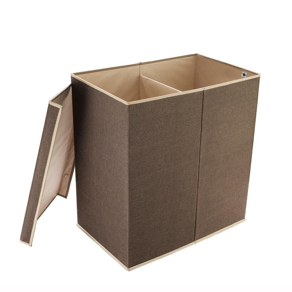 Brown Collapsible Canvas Laundry Hamper with 2 Compartments for Sorting or Folding Clothes