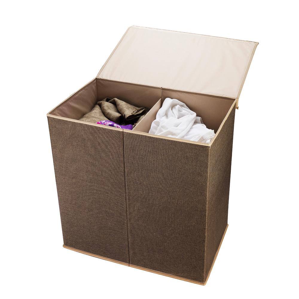 Brown Collapsible Canvas Laundry Hamper with 2 Compartments for Sorting or Folding Clothes