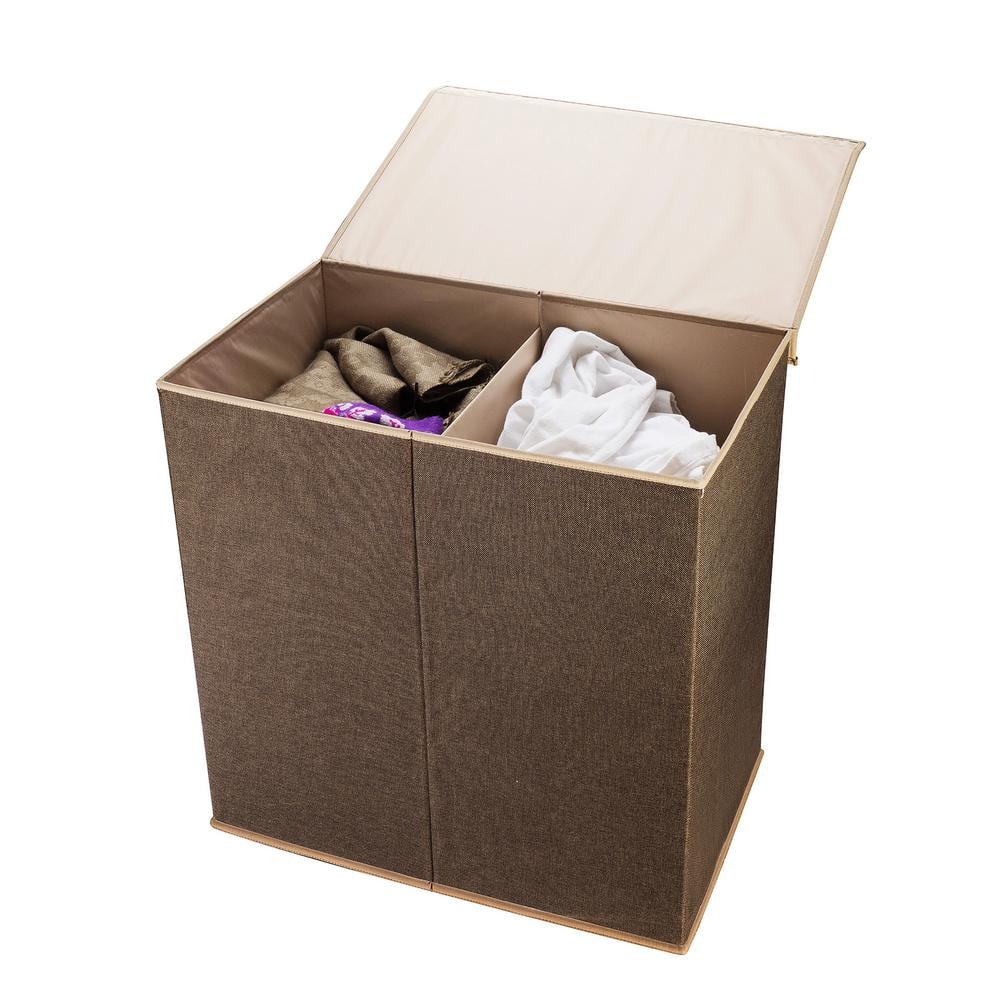 Brown Collapsible Canvas Laundry Hamper with 2 Compartments for Sorting or Folding Clothes
