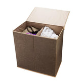 Brown Collapsible Canvas Laundry Hamper with 2 Compartments for Sorting or Folding Clothes