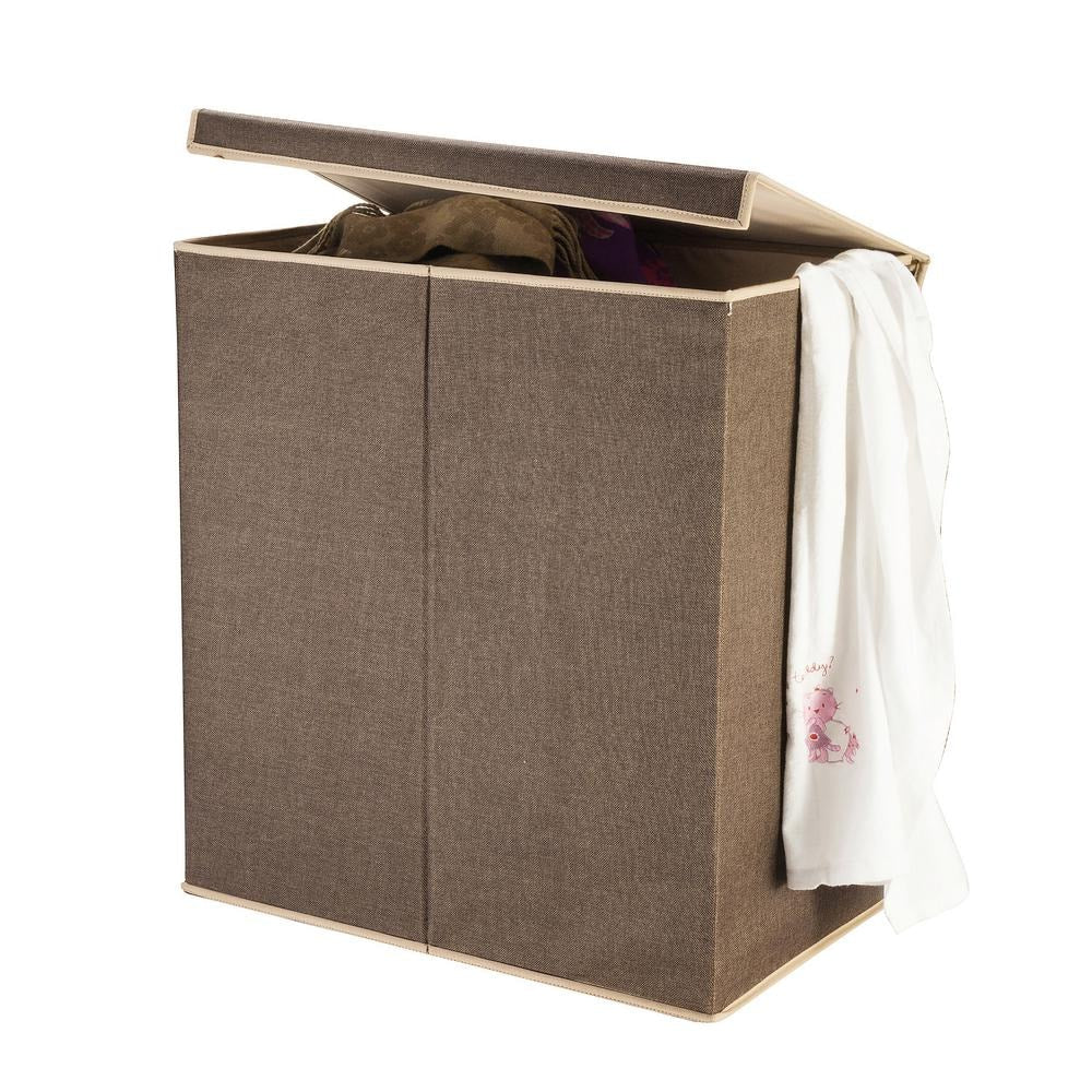 Brown Collapsible Canvas Laundry Hamper with 2 Compartments for Sorting or Folding Clothes
