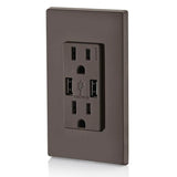 Leviton 3.6A USB Dual Type A In-Wall Charger with 15 Amp Tamper-Resistant Outlets, Brown