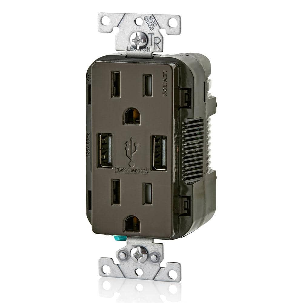 Leviton 3.6A USB Dual Type A In-Wall Charger with 15 Amp Tamper-Resistant Outlets, Brown
