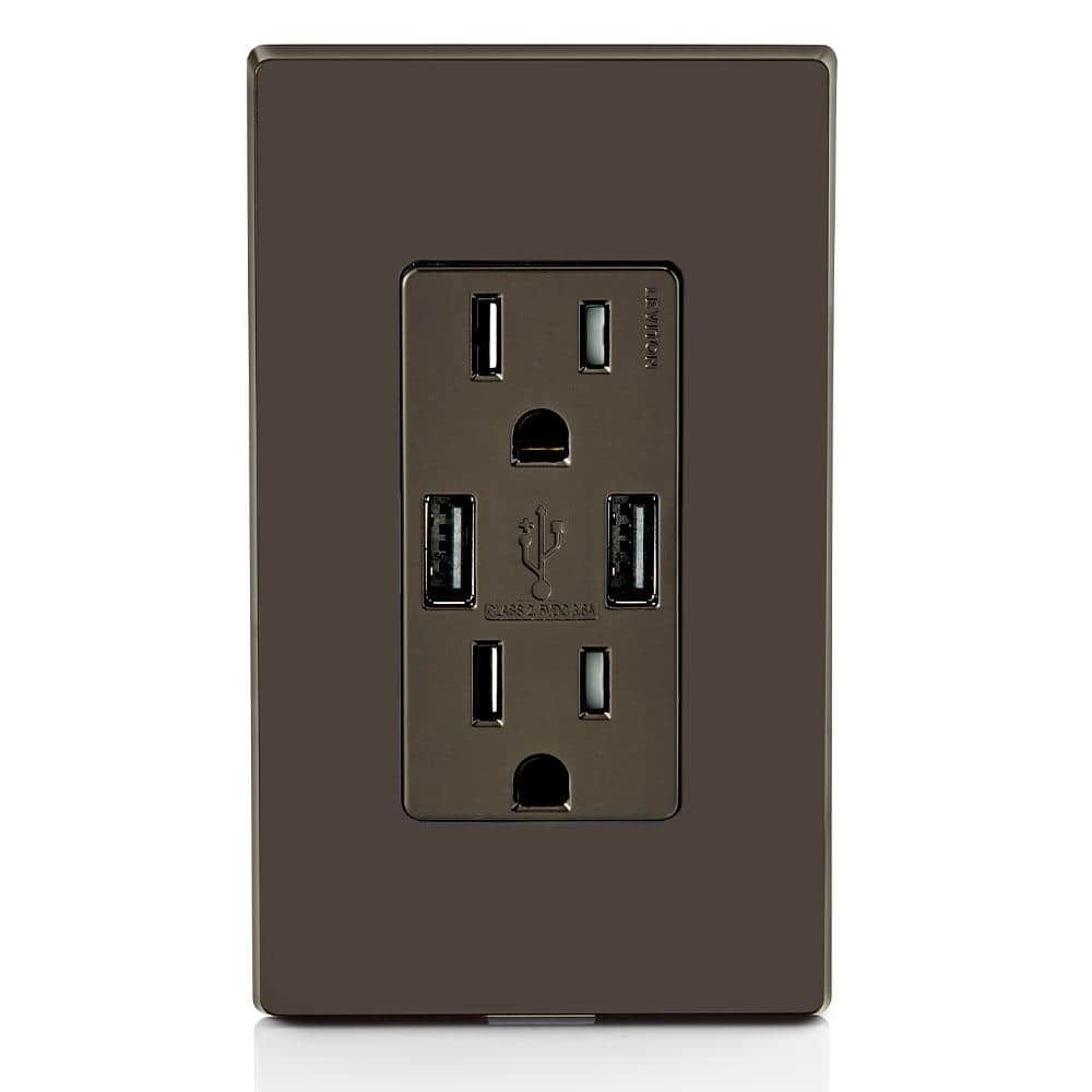 Leviton 3.6A USB Dual Type A In-Wall Charger with 15 Amp Tamper-Resistant Outlets, Brown