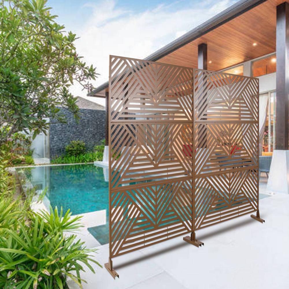 76 in. Hx48 in. W Line Hollow Shape Metal Freestanding Decorative Privacy Screen in Brown, Outdoor and Indoor