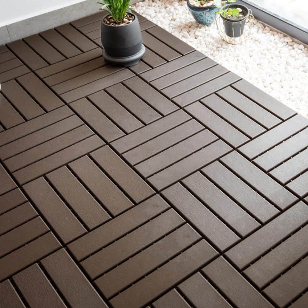 GOGEXX 12 in.W x12 in.L Outdoor Striped Pattern Square Plastic PVC Interlocking Flooring Deck Tiles (Pack of 27Tiles)in Brown