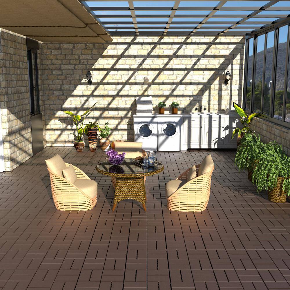 GOGEXX 1 ft. W x 1 ft. L Outdoor Pattern Square PVC Drainage Interlocking Flooring Deck Tiles (Pack of 44 Tiles)in Brown