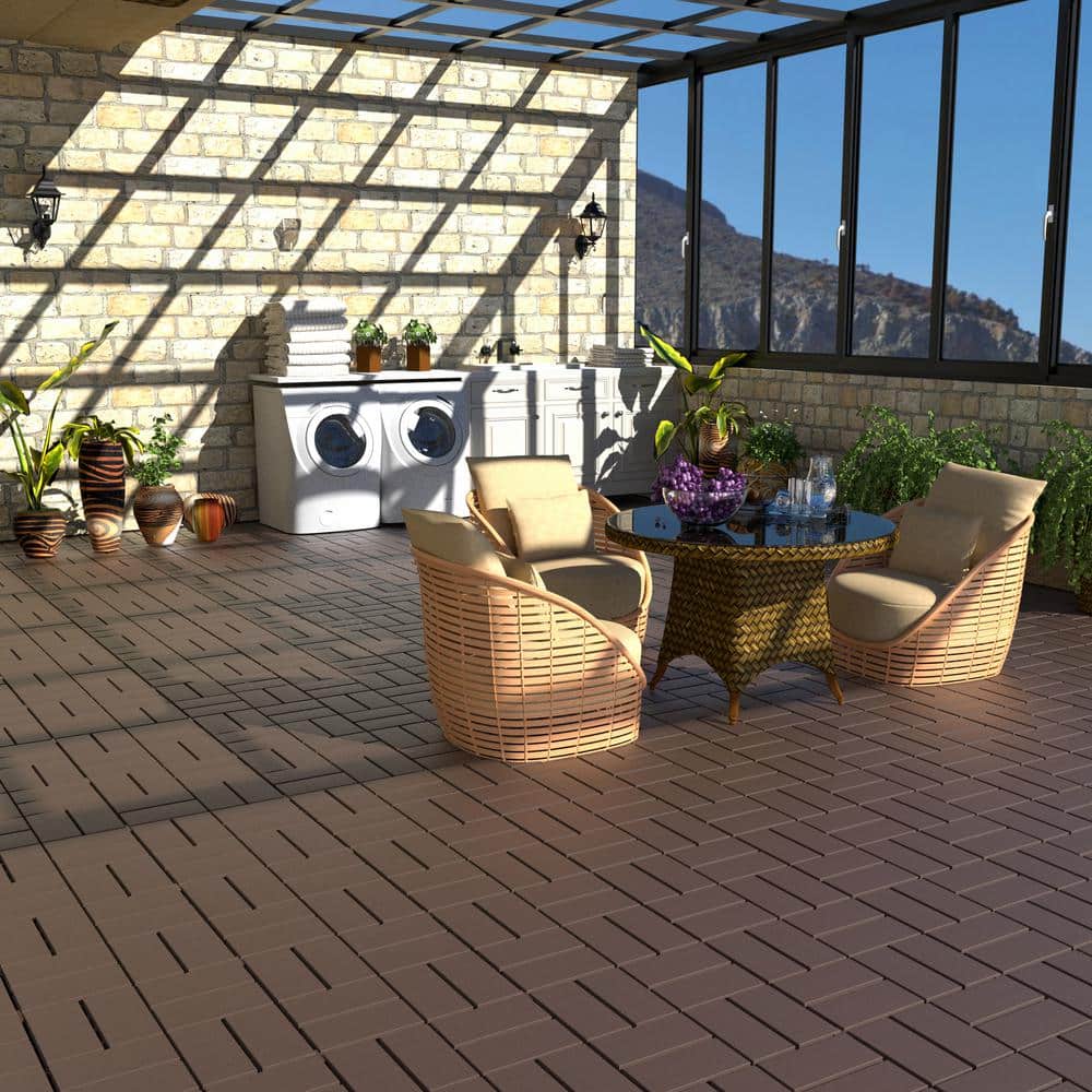 GOGEXX 1 ft. W x 1 ft. L Outdoor Pattern Square PVC Drainage Interlocking Flooring Deck Tiles (Pack of 44 Tiles)in Brown