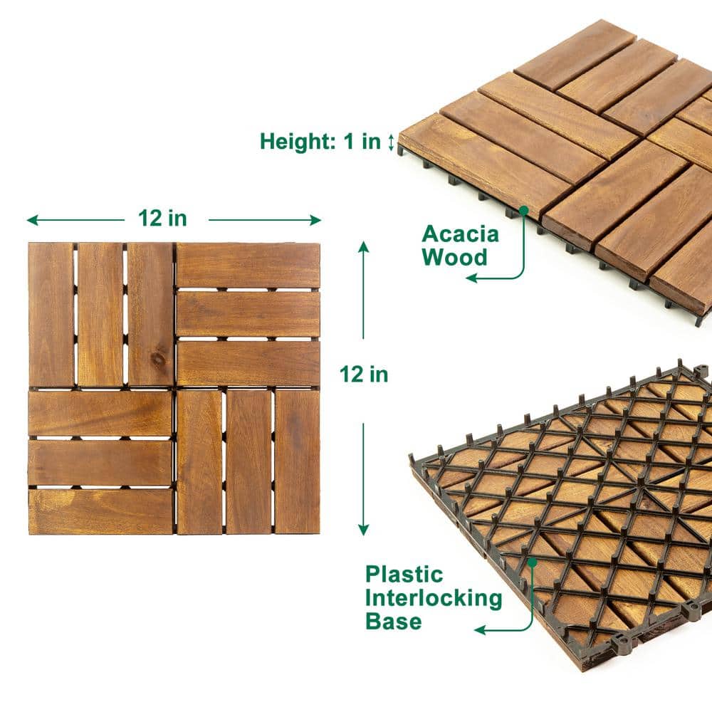 Pro Space 12 in. x 12 in. Acacia Wood Interlocking Flooring Deck Tile Checker Pattern Brown 12 Slats (10-Pack)
