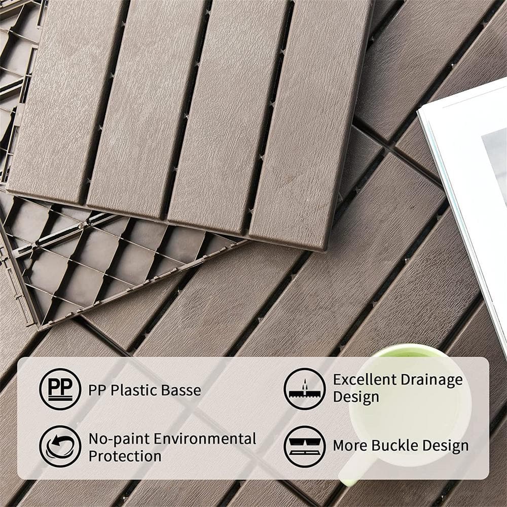 Siavonce Patio Interlocking Deck Tiles, 12"x12" Square Composite Decking Tiles, Four Slat Plastic Flooring Tile, Brown, Pack of 9