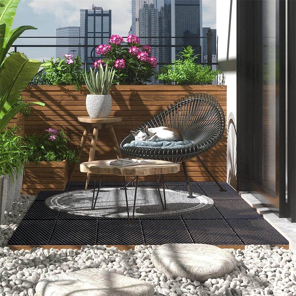 12in.W x12in.L Outdoor Stripe Pattern Square Drain Plastic PVC Interlocking Flooring Deck Tiles(Pack of 27Tiles)in Brown