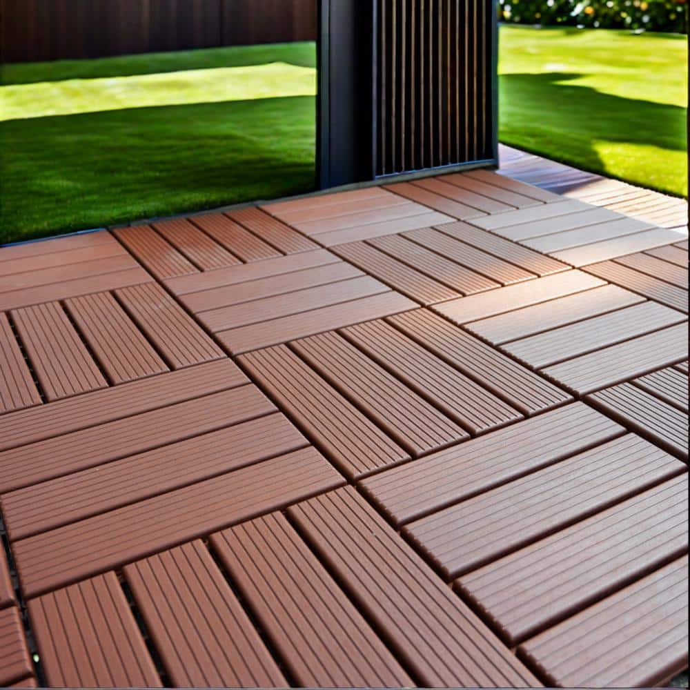 Tidoin Outdoor 1 ft. x 1 ft. Composite Interlocking Tile Deck Tile in Brown(27 Per Box)