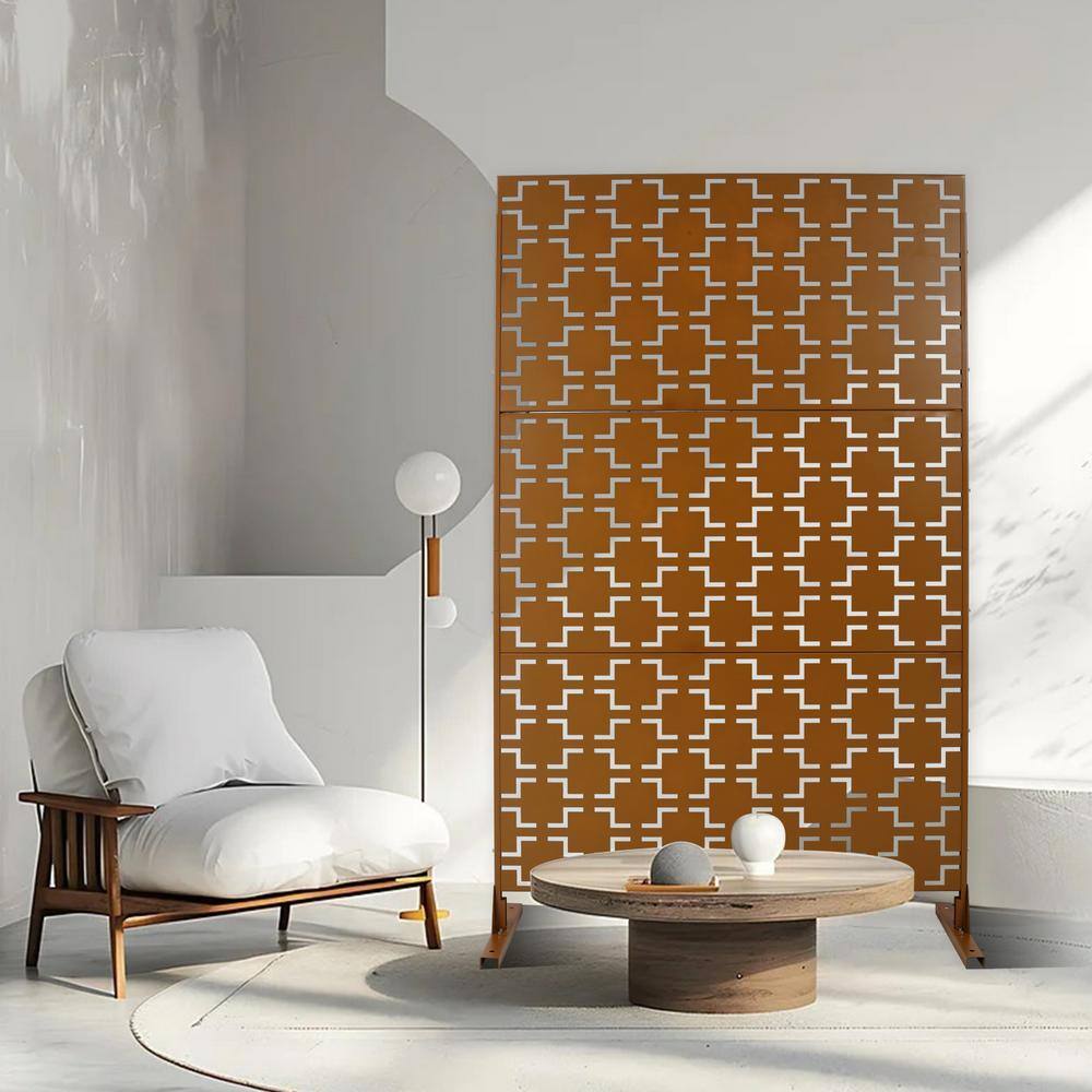 Tidoin 6.3 ft. x 4 ft. Brown Steel Freestanding Flat Flat Top Decorative Privacy Screen Metal Fence Panel