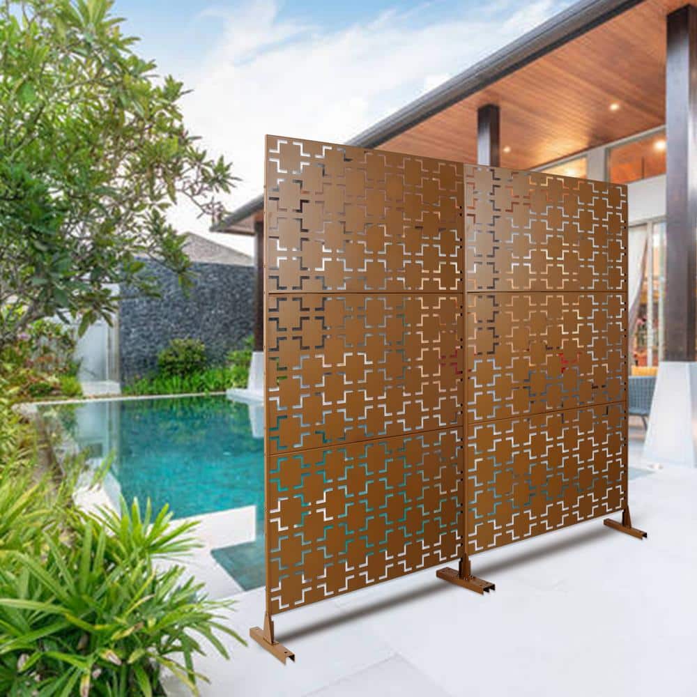 Tidoin 6.3 ft. x 4 ft. Brown Steel Freestanding Flat Flat Top Decorative Privacy Screen Metal Fence Panel