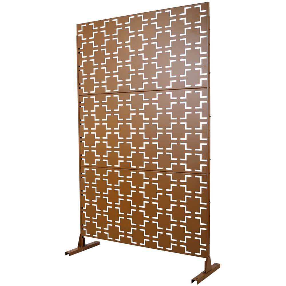 Tidoin 6.3 ft. x 4 ft. Brown Steel Freestanding Flat Flat Top Decorative Privacy Screen Metal Fence Panel