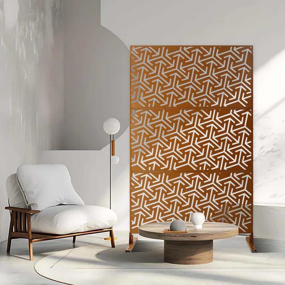 Tidoin 6.3 ft. x 4 ft. Brown Steel Freestanding Flat Flat Top Decorative Privacy Screen Metal Fence Panel