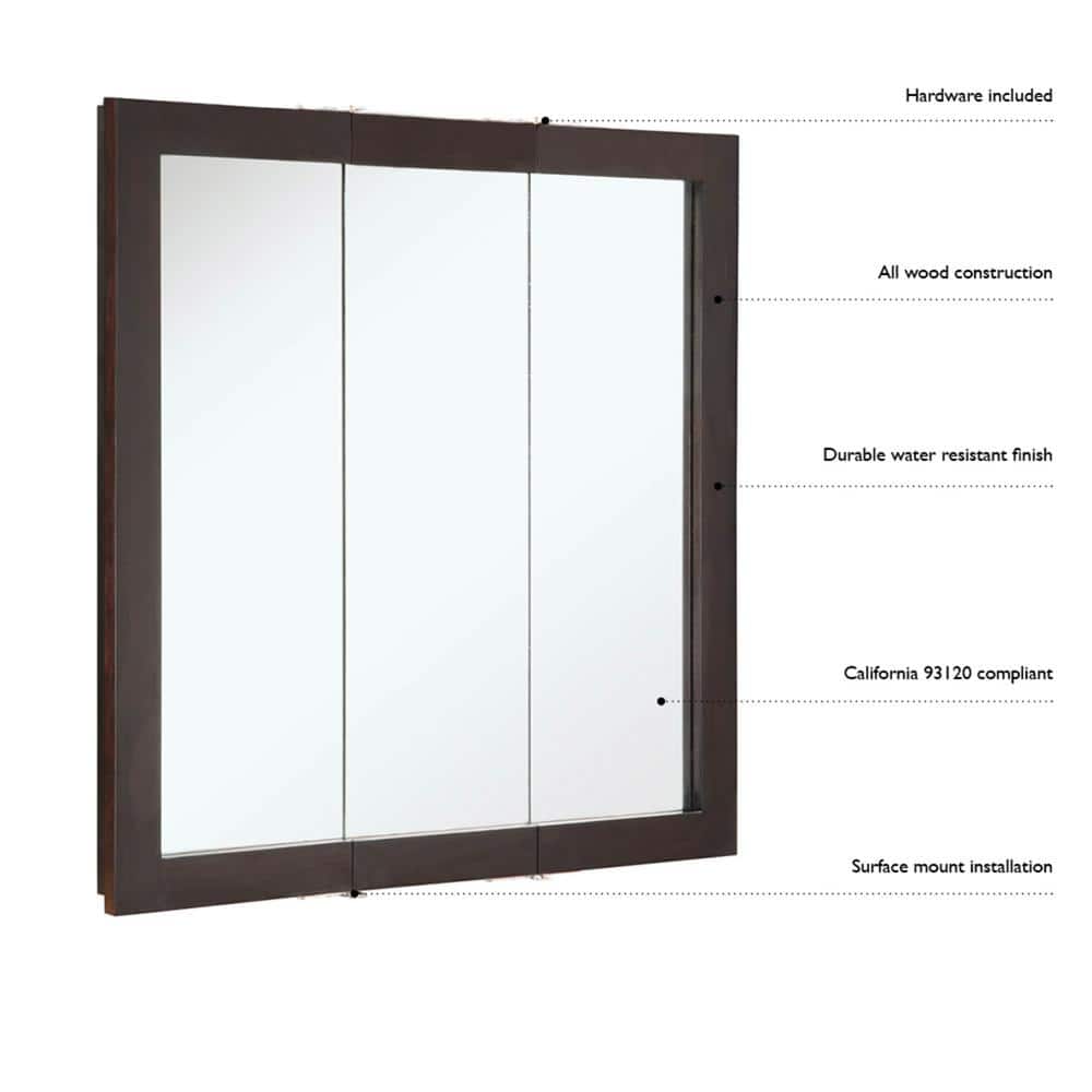 Design House Ventura 36 in. W x 30 in. H x 6 in. D Framed Tri-View Surface-Mount Bathroom Medicine Cabinet in Espresso