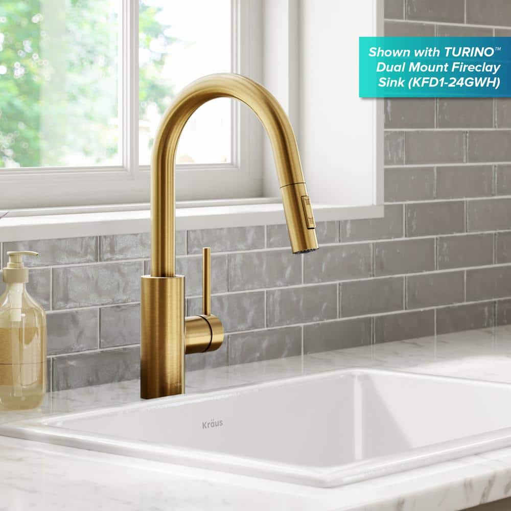 KRAUS Oletto Single-Handle Pull-Down Sprayer Kitchen Faucet in Brushed Brass (Gold)