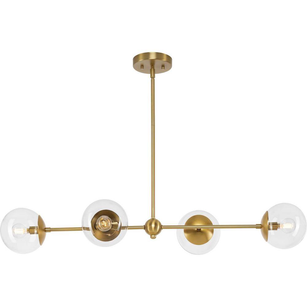 Progress Lighting Atwell Collection 40 in. 4-Light Brushed Bronze Mid-Century Modern Island Light Chandelier with Clear Glass Shade