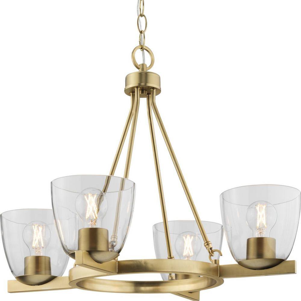 Progress Lighting Tamassee Collection 4-Light Brushed Gold Updated Traditional Chandelier with Clear Glass Shades for Dining Room