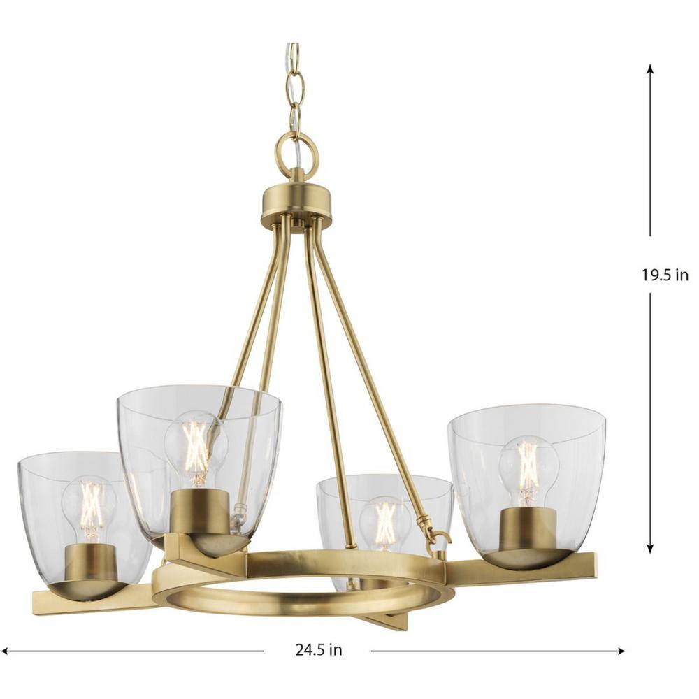 Progress Lighting Tamassee Collection 4-Light Brushed Gold Updated Traditional Chandelier with Clear Glass Shades for Dining Room