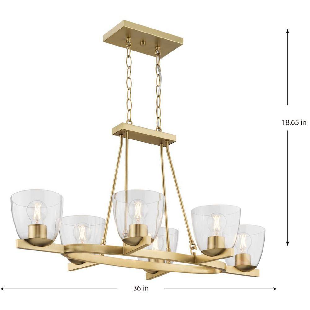 Progress Lighting Tamassee Collection 6-Light Brushed Gold Updated Traditional Linear Chandelier with Clear Glass Shades for Dining Room