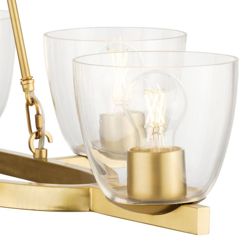 Progress Lighting Tamassee Collection 6-Light Brushed Gold Updated Traditional Linear Chandelier with Clear Glass Shades for Dining Room