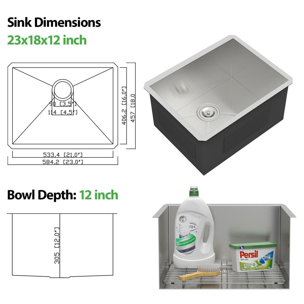 Logmey 23 in. x 18 in. x 12 in. Undermount Single Bowl Stainless Steel Utility Sink with Strainer