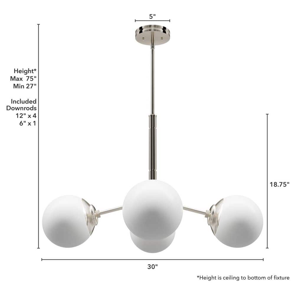 Hunter Hepburn 4-Light Brushed Nickel Branch Chandelier with Cased White Glass Shades