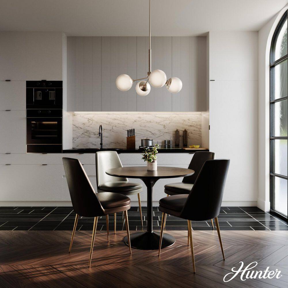 Hunter Hepburn 4-Light Brushed Nickel Branch Chandelier with Cased White Glass Shades