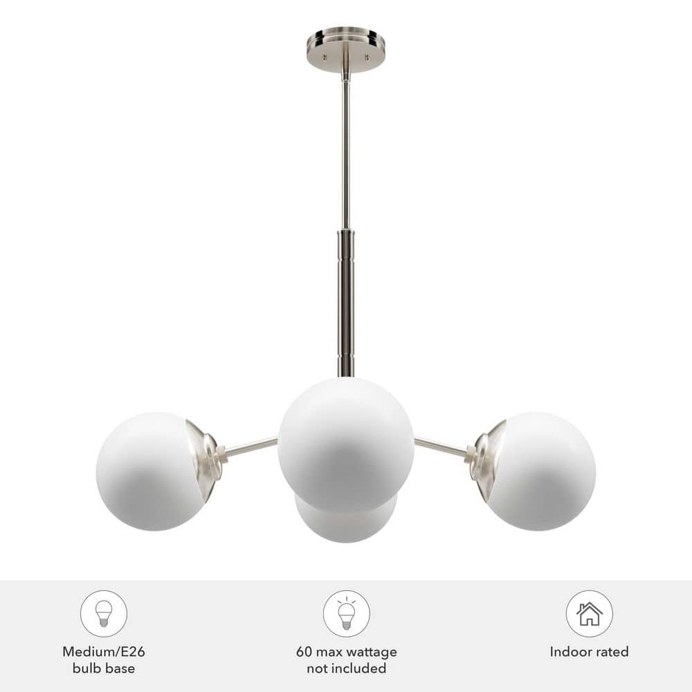 Hunter Hepburn 4-Light Brushed Nickel Branch Chandelier with Cased White Glass Shades