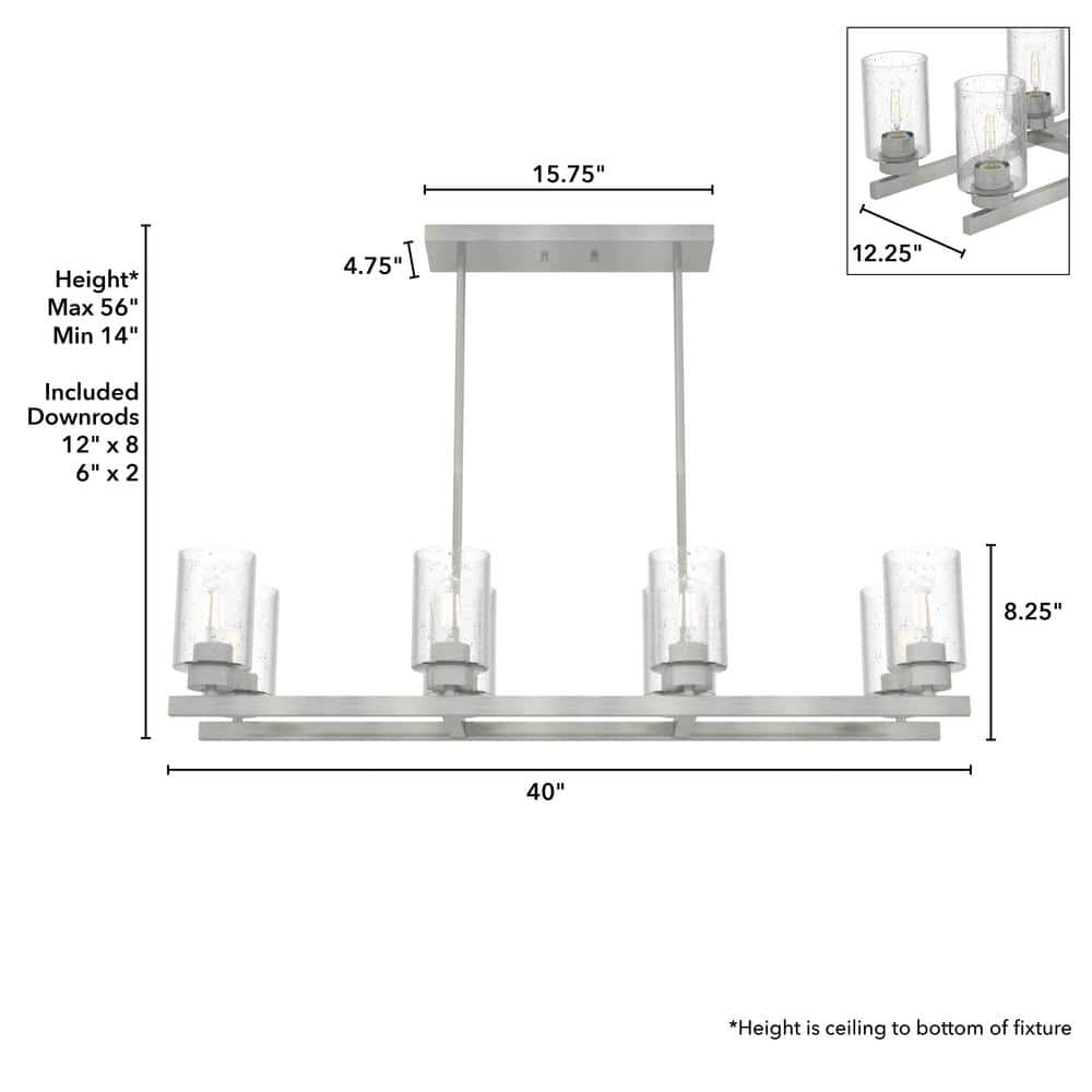 Hunter Hartland 8 Light Brushed Nickel Linear Chandelier with Seeded Glass Shades Dining Room Light