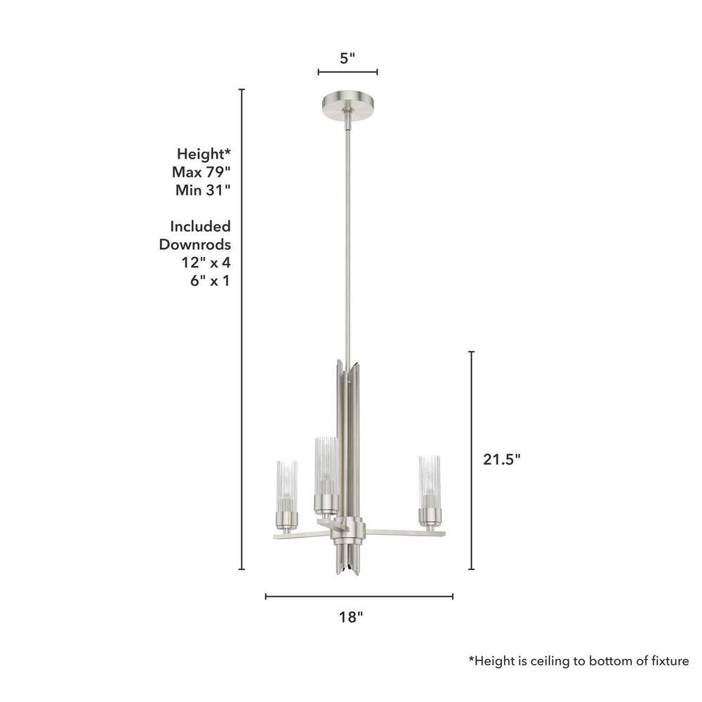 Hunter Gatz 3-Light Brushed Nickel Candlestick Chandelier with Ribbed Glass Shades