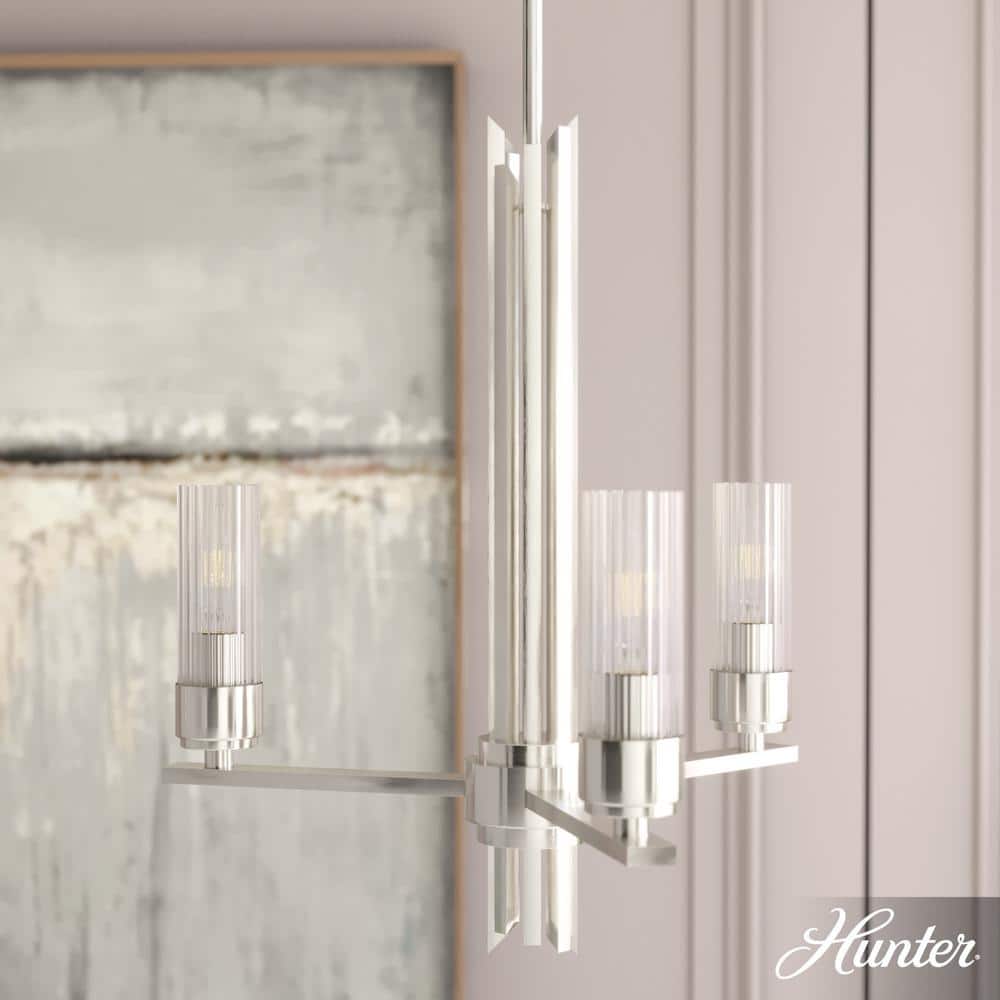 Hunter Gatz 3-Light Brushed Nickel Candlestick Chandelier with Ribbed Glass Shades