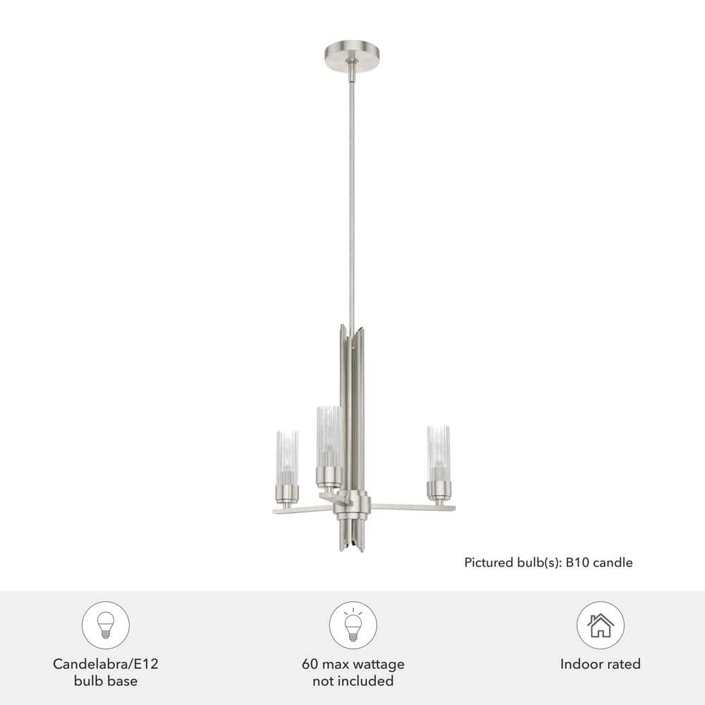 Hunter Gatz 3-Light Brushed Nickel Candlestick Chandelier with Ribbed Glass Shades