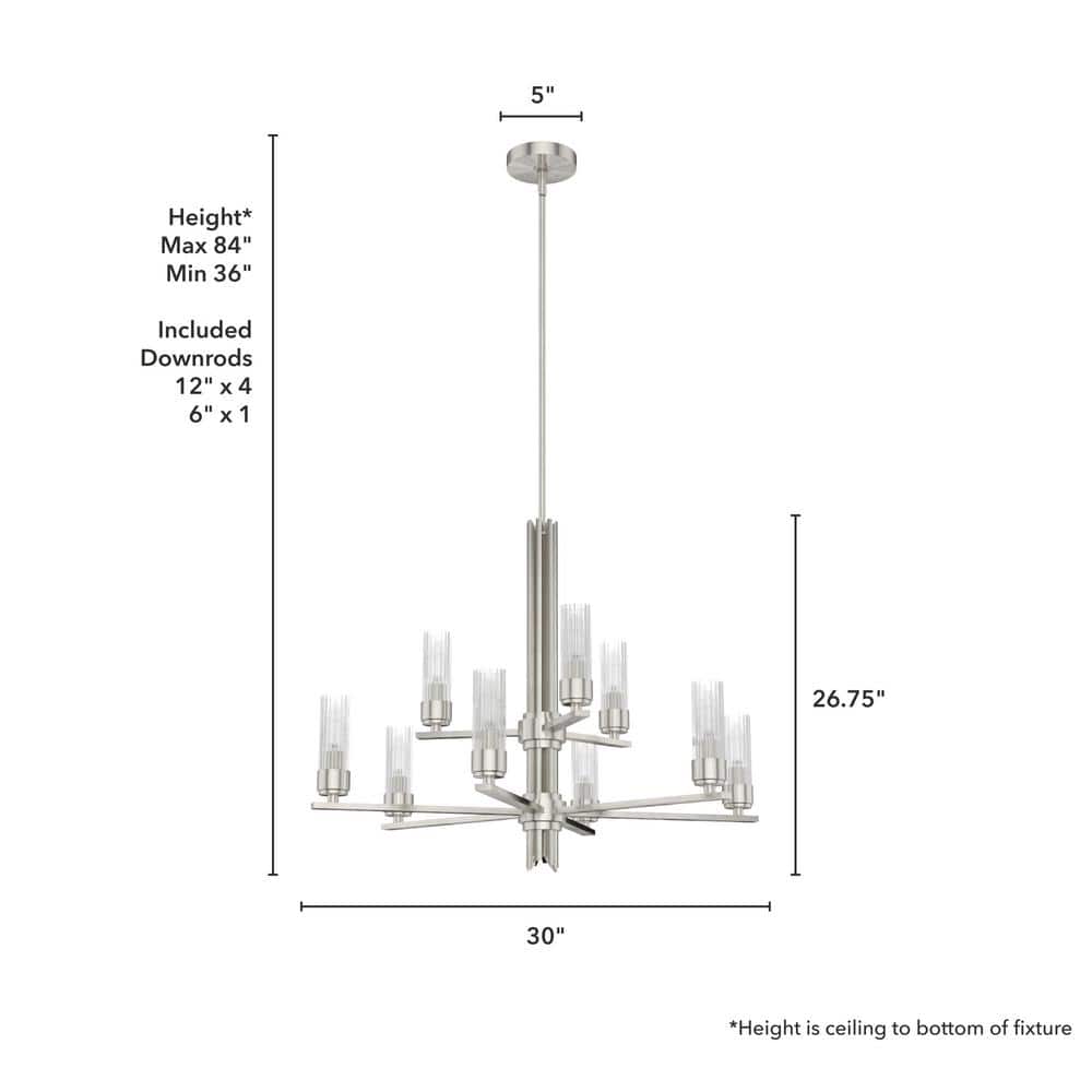 Hunter Gatz 9-Light Brushed Nickel Candlestick Chandelier with Ribbed Glass Shades