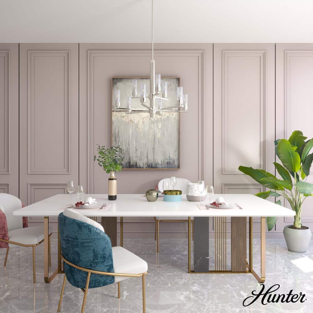 Hunter Gatz 9-Light Brushed Nickel Candlestick Chandelier with Ribbed Glass Shades