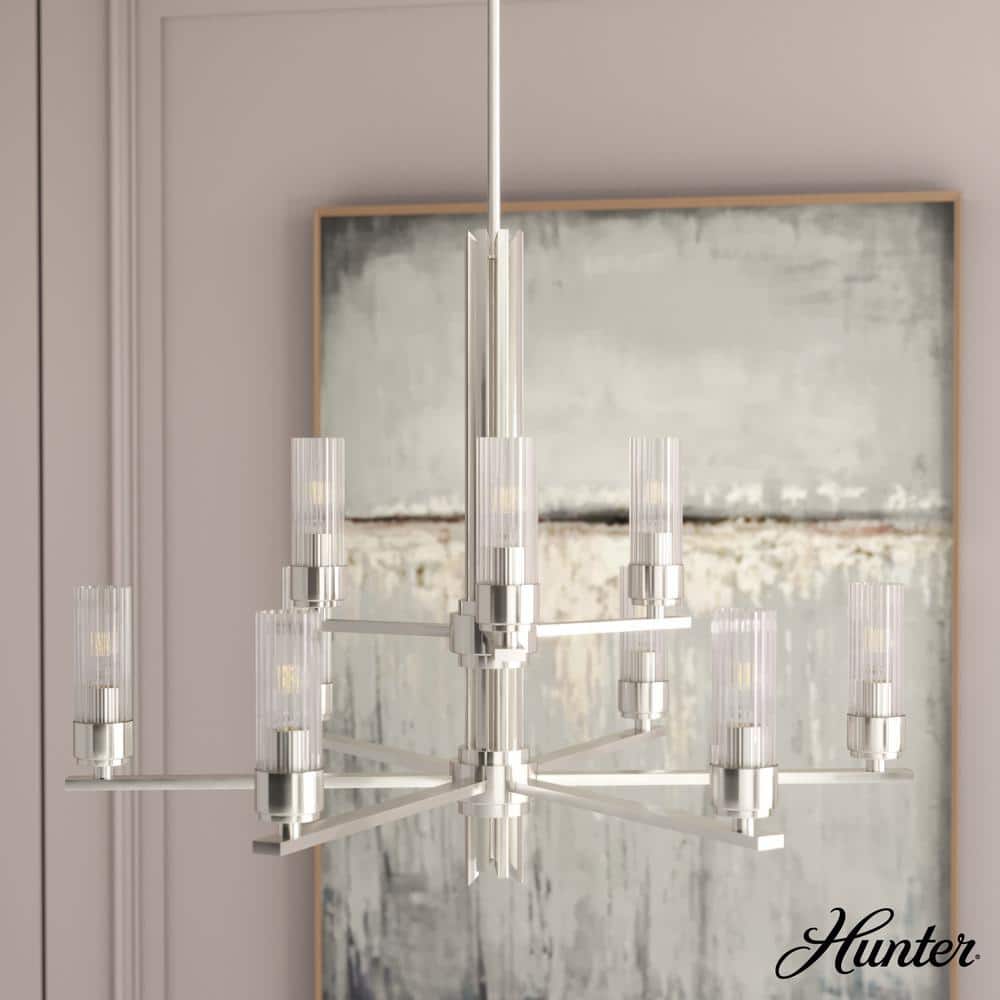Hunter Gatz 9-Light Brushed Nickel Candlestick Chandelier with Ribbed Glass Shades
