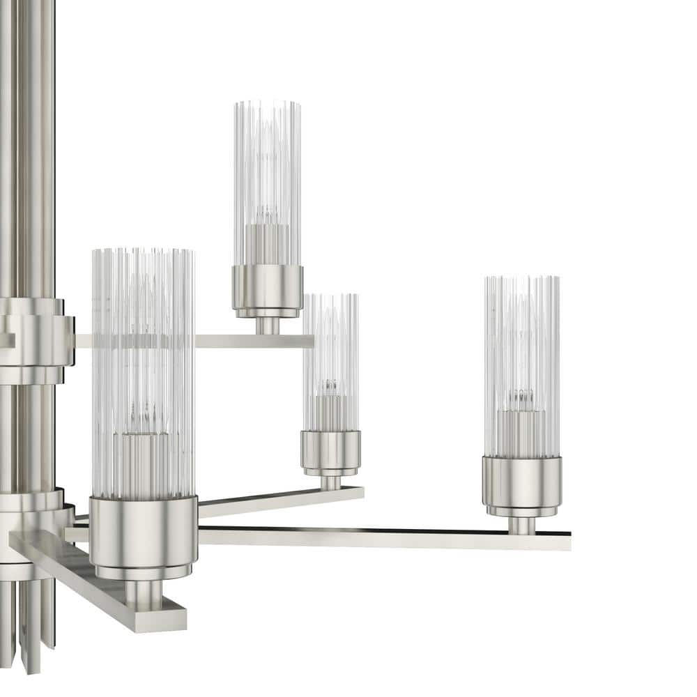 Hunter Gatz 9-Light Brushed Nickel Candlestick Chandelier with Ribbed Glass Shades