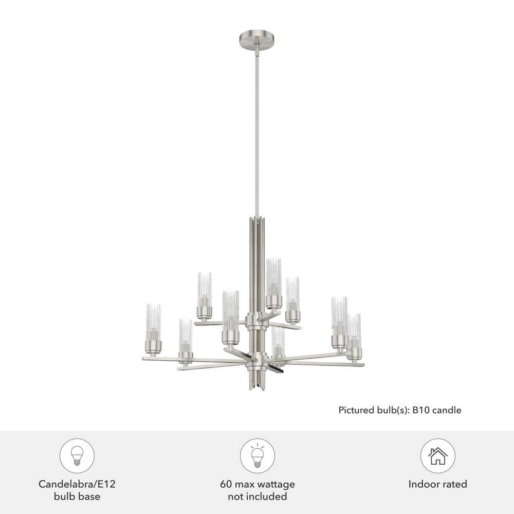Hunter Gatz 9-Light Brushed Nickel Candlestick Chandelier with Ribbed Glass Shades
