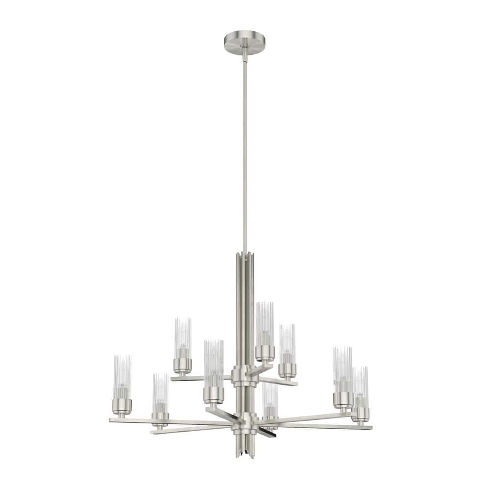 Hunter Gatz 9-Light Brushed Nickel Candlestick Chandelier with Ribbed Glass Shades