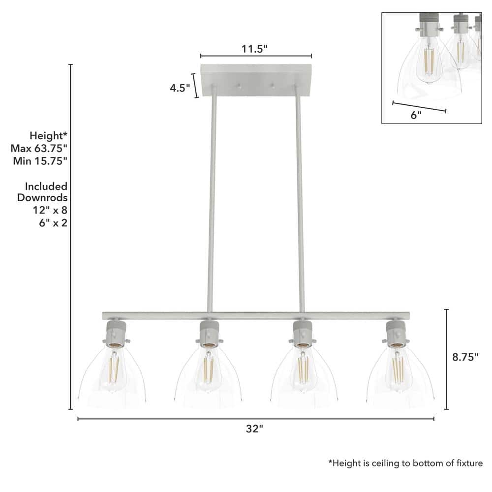 Hunter Van Nuys 4-Light Brushed Nickel Island Linear Chandelier for Kitchen Island with No Bulbs Included