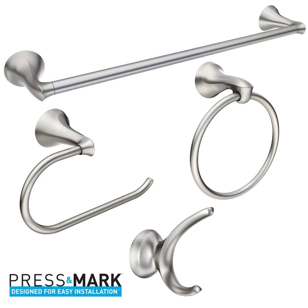 Moen Darcy 4-Piece Press & Mark Bath Hardware Set with 24 in. Towel Bar, Towel Ring, Pivoting Paper Holder and Robe Hook in Brushed Nickel