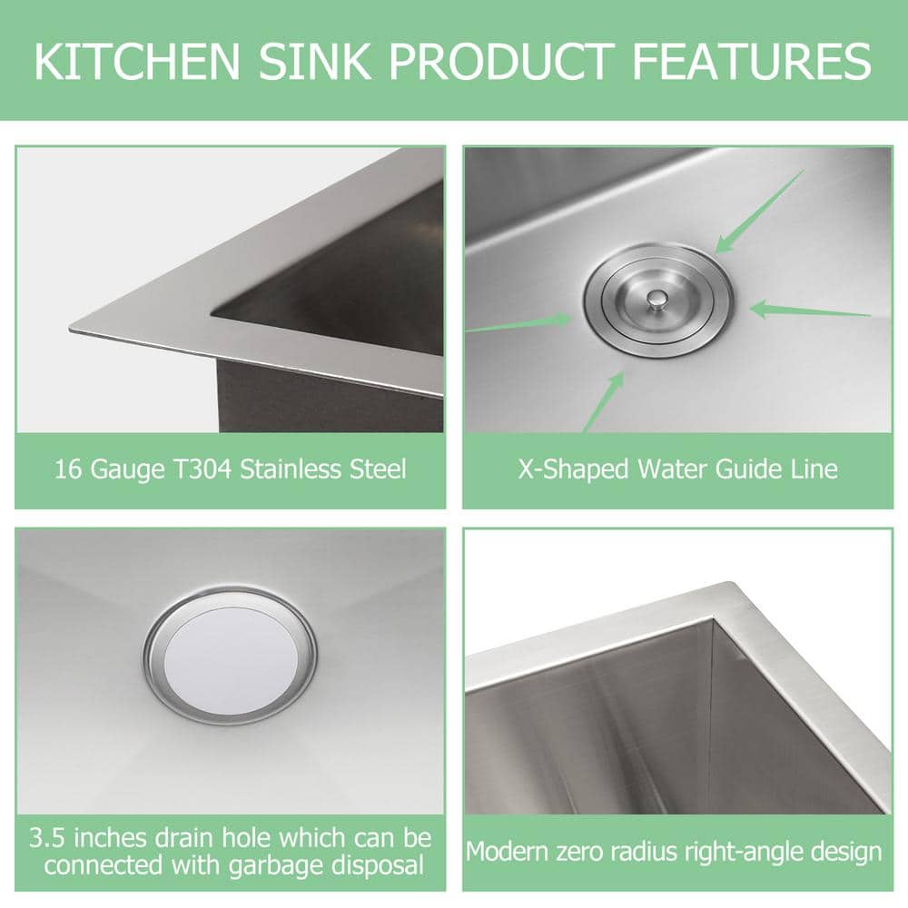Sarlai 18 in. D x 21 in. W Undermount Laundry/Utility Sink Brushed Nickel Single Bowl Deep 16 Gauge Stainless Steel Bar Sink