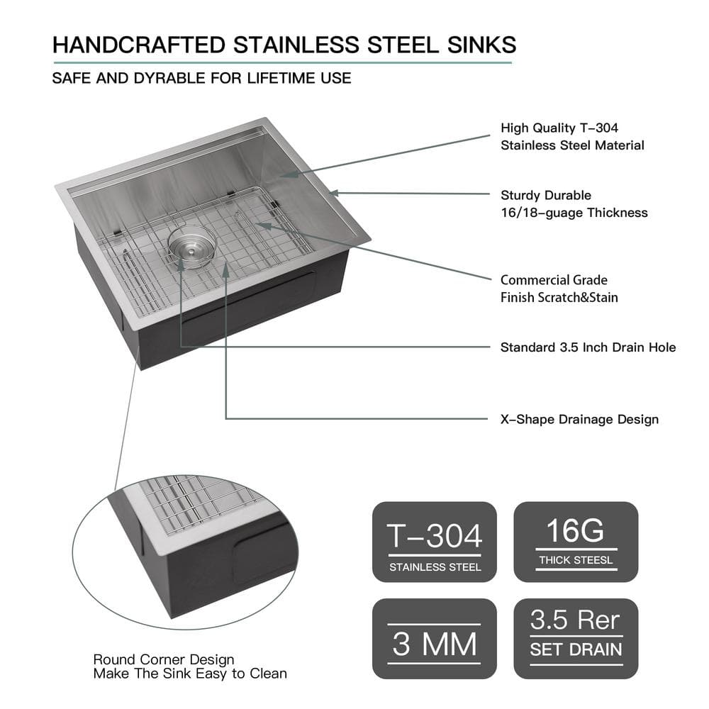 Sarlai 16 -Gauge Stainless Steel 23 in. Single Bowl Undermount Workstation Kitchen Sink Laundry Sink with All Accessories