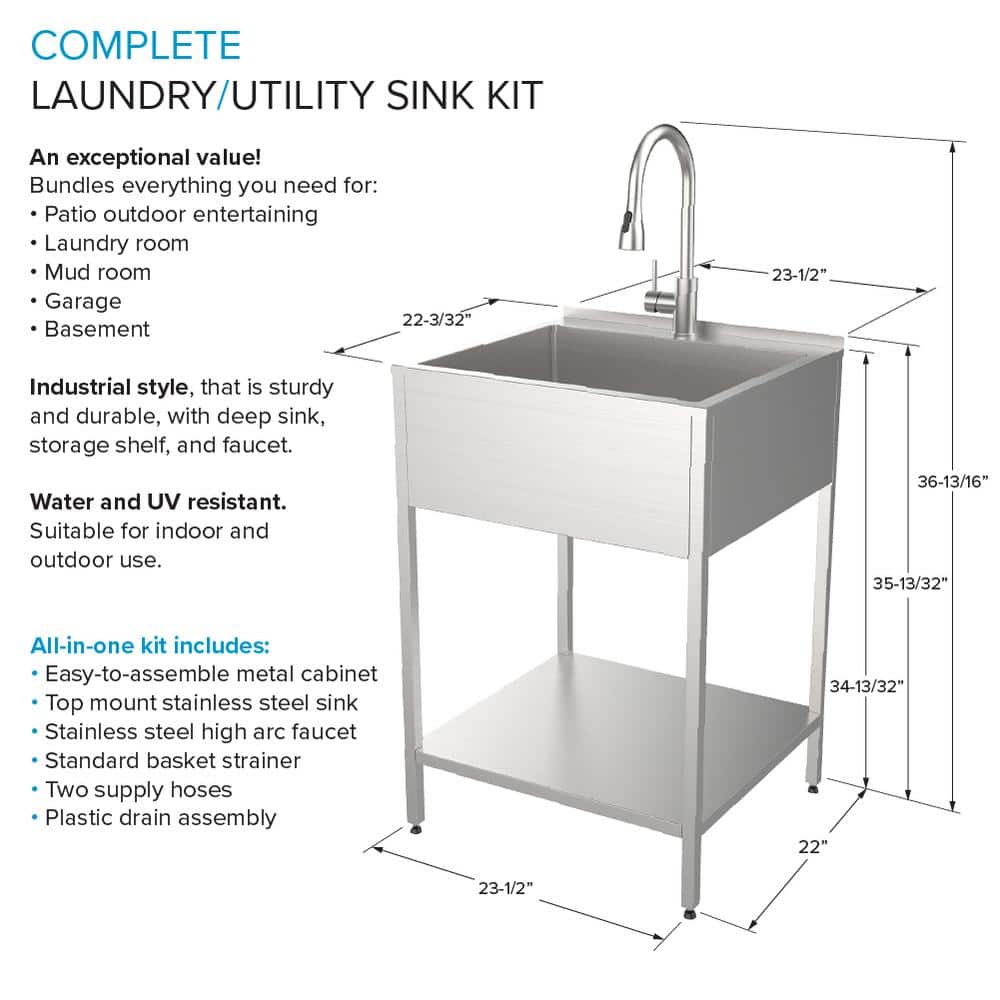 Transolid 15 Gal. 22.1 in. D x 24 in. W Freestanding Laundry Sink with Cabinet in Brushed Satin with Faucet