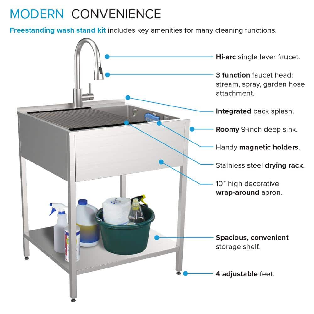 Transolid 15 Gal. 22.1 in. D x 24 in. W Freestanding Laundry Sink with Cabinet in Brushed Satin with Faucet and Accessories